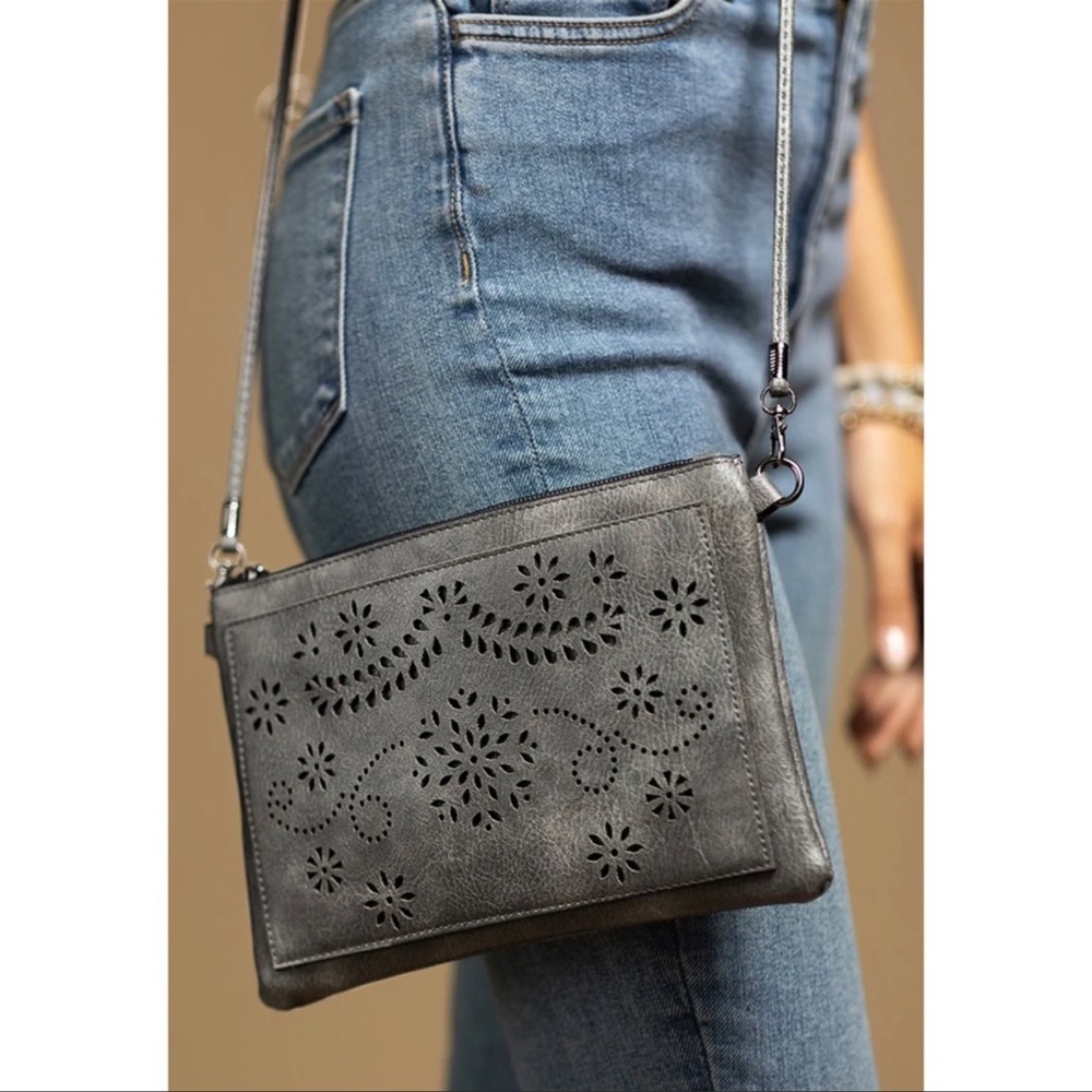 Boho Western Faux Leather Crossbody with Floral Laser Cut Out - Picture 4 of 5